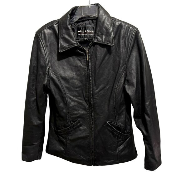 Wilsons Vtg 80's Black Leather Zip Front Jacket Sz M Fitted Pockets Lined Retro - Picture 1 of 5